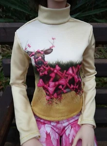 T-shirt gialla smartdoll taglia 1/3 collo a turtleneck - stampa artistica cervo stagione fiocco - Foto 1 di 6
