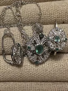 925 STERLING STAUER REAL EMERALD & DIAMOND ACCENT PENDANT NECKLACE EARRINGS SET - Picture 1 of 11