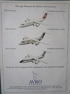 11/1993 PUB AVRO AEROSPACE AVRO RJ85 CROSSAIR TURKISH AIRLINES RJ100 RJ70 AD - Picture 1 of 1