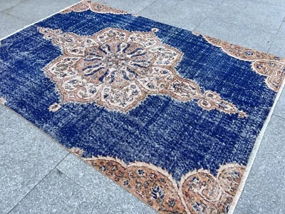 Blue Handmade Turkish Rug Vintage Wool Carpet Oriental Area Rug Boho Decor Rug - Image 1 of 4