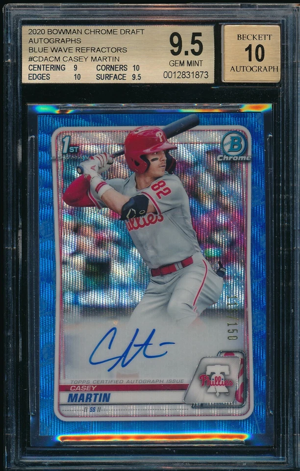 BGS 9.5/10 CASEY MARTIN AUTO 2020 Bowman Chrome BLUE WV REFRACTOR #/150 GEM MINT - Image 1 of 1