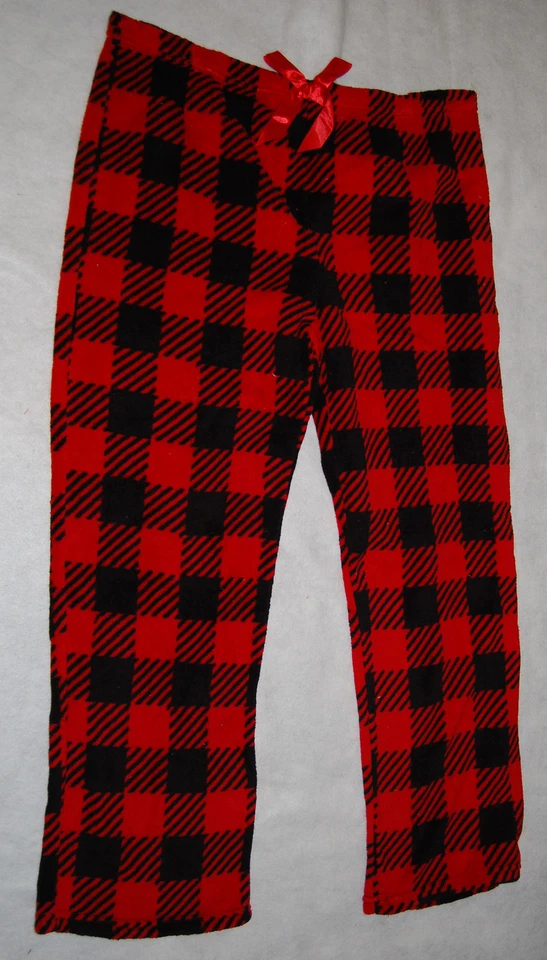 Calça de dormir feminina de lã xadrez vermelho preto pelúcia 2X 20-22 cintura elástica  - Imagem 1 de 1
