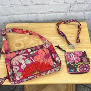 Vera Bradley 3 piece bundle crossbody wallet and lanyard keychain pink purple - Picture 1 of 11