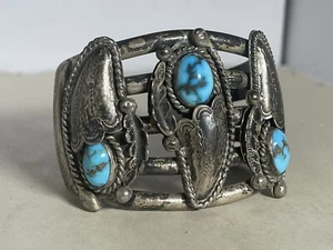 Vintage 1930’s Sterling Silver Native Claw Cuff With Pilot Mountain Turquoise - Picture 1 of 8
