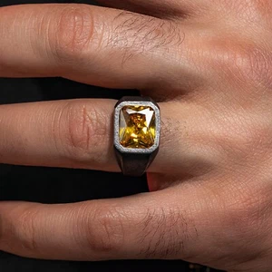 925 Sterling Silver Basic Handmade Oxidized Rectangle Citrine Stone Mens Ring - Picture 1 of 4