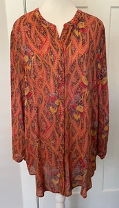 LUCKY BRAND Womens Button TOP Long Sleeve RED Yellow Purple FLORAL Size L - Picture 1 of 5