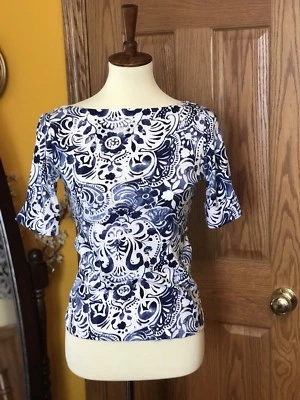 Ralph Lauren Mujer Camiseta Manga Cuarto - Divertido Patrón Azul S/P Foto 1 de 4