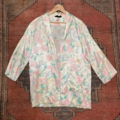 Rio Rita Principios de los 80 Ropa de Salón Para Mujer Multicolor Floral Frente Abierto Bata Talla M Foto 1 de 4