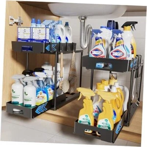Under Sink Organizers and Storage, 2 Pack Pull Out Kitchen Bathroom Black - Picture 1 of 7