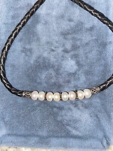 Honora Pearl And Sterling Silver Braided Leather Chocked Necklace, 15.5”