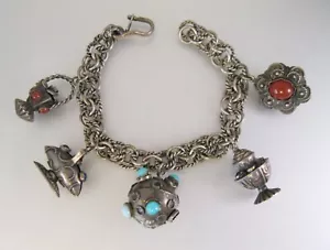 Antique 800 Silver Etruscan Revival Glass 5 Fob Charm Bracelet Fine Jewelry - Picture 1 of 10