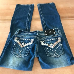 Miss Me Bootcut Jeans Women 27 Blue Low Rise Rhinestone Flap Pockets Dark Wash - Picture 1 of 16