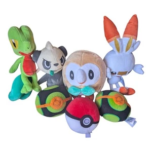 Pokemon Plush Bundle Pokeballs Rowlet Treecko Pancham Scorbunny - Picture 1 of 10