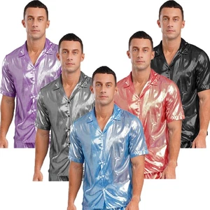 Men Shiny Metallic Short Sleeve Button Up Collared Party Shirt Night Out Events - Picture 1 of 68