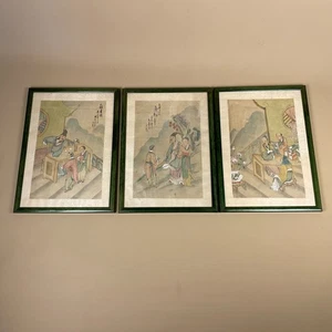 Set Of 3 Hand Painted Silk Japanese Paintings Picture Art Oriental Silk Antique - Picture 1 of 15