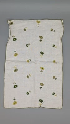 Vintage Linen Embroidered Green Daisy Flower Cream White  17" x 11" - Image 1 of 4