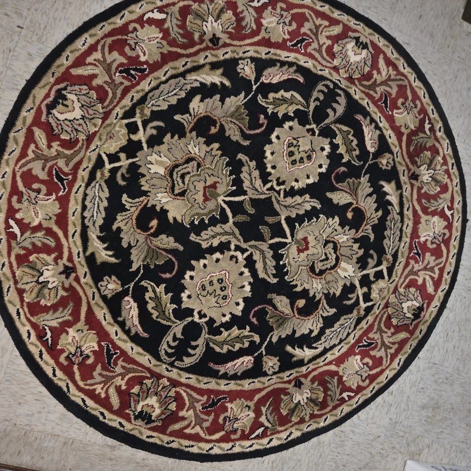 VTG Liberty Hand-Knotted Wool Oriental Rug 6x6 Round Floral Black Red Gold - Image 1 of 4