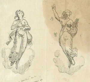 Antiguo dibujo a tinta siglo XIX dos mujeres esculturas, obra de arte de diosa - Imagen 1 de 8