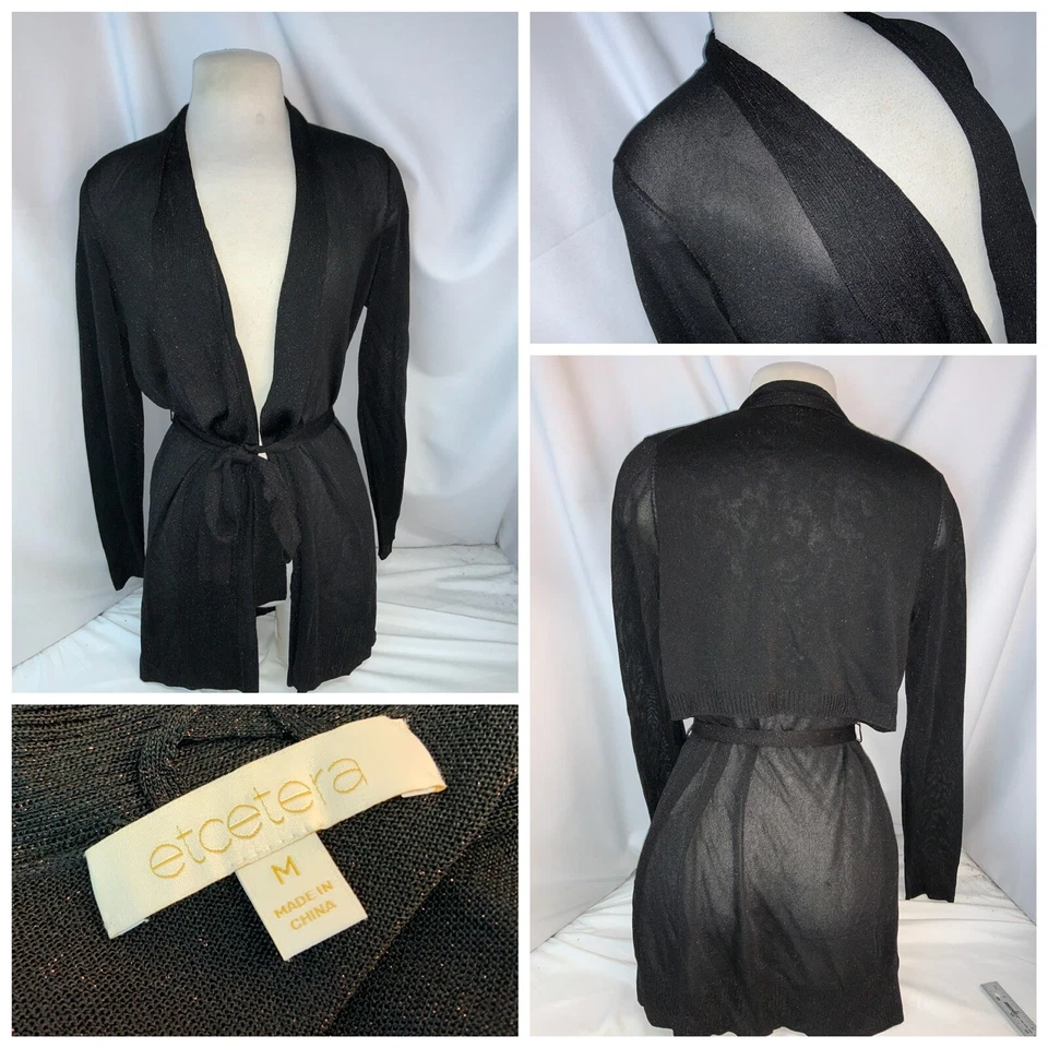 Etcetera Cardigan 毛衣 M 女式黑色粘胶金属带腰带 YGI K1-538 — 第 1/4 张图片