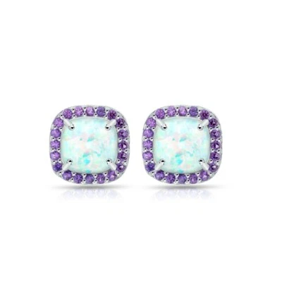 Cushion Cut Halo Simulated Opal & Amethyst Stud Earrings in Sterlng Silver - Image 1 of 3