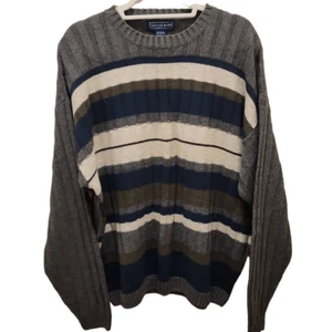 Savile Row Men's Gray Striped Ramie Ribbed Crew Neck Pullover Sweater Large - Picture 1 of 8