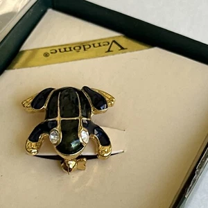 Vintage 1970s Vendome Green And Blue Frog Crystal Eyes Gold Trim New In Box - Picture 1 of 4