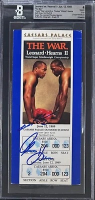 Thomas Hearns Sugar Ray Leonard II Signed Ticket THE WAR Split Draw BAS 4 VG-EX - Image 1 of 2
