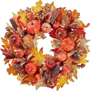 Sggvecsy Artificial Fall Wreath 18’’ Autumn Front Door Harvest Orange - Picture 1 of 7