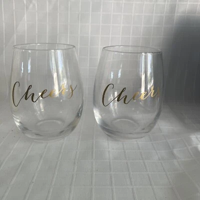 Juego de 2 copas de vino sin tallo "Cheers" cursivas doradas Foto 1 de 4