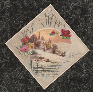 Tarjeta comercial victoriana rombo Tracy A Record tienda de regalos Saratoga Springs NY 8x8 - Imagen 1 de 2