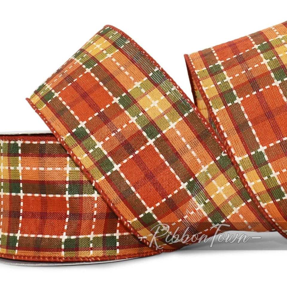 Cinta con cable a cuadros de otoño (5 yardas x 2,5" W) otoño naranja verde blanco cosido Foto 1 de 1