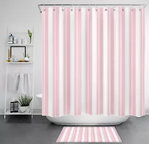Vintage Pink and White Vertical Striped Shower Curtain Bathroom Accessories Set - Picture 1 of 22