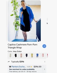 CAPTIVA CASHMERE Blue Pom-Pom Triangle Wrap 100% Cashmere EUC - Picture 1 of 7
