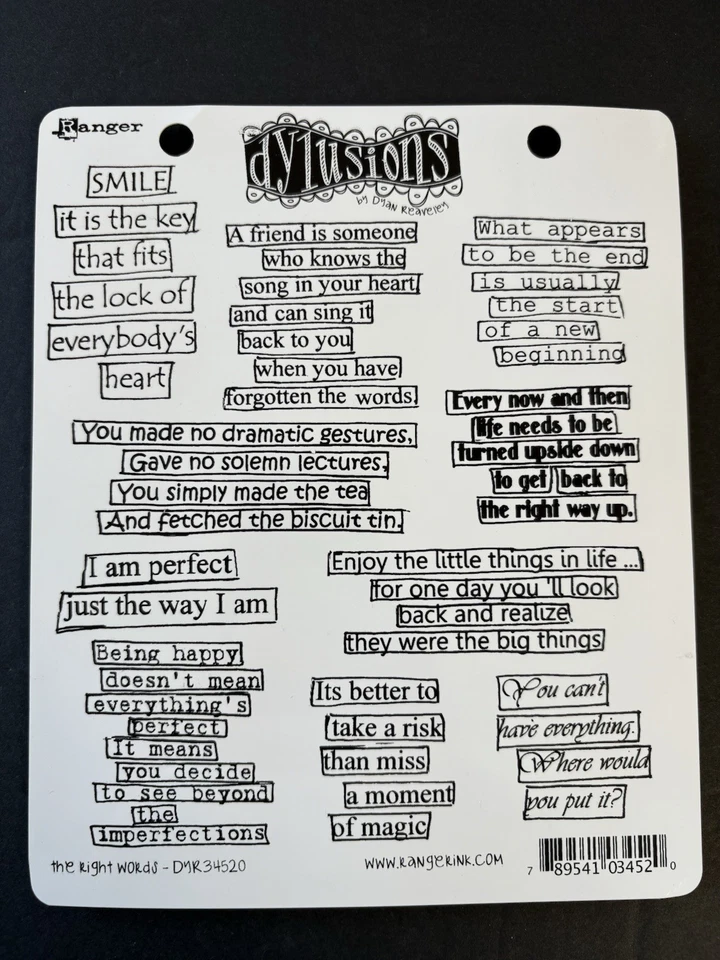 Conjunto de carimbos de borracha aderentes Dylusions The Right Words Smile Enjoy Not Inked DYR34520 - Imagem 1 de 3