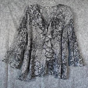 Y2K Ruffle Collar Top Womens Size 22/24 Animal Print Crinkle Bell Sleeve Boho - Picture 1 of 10