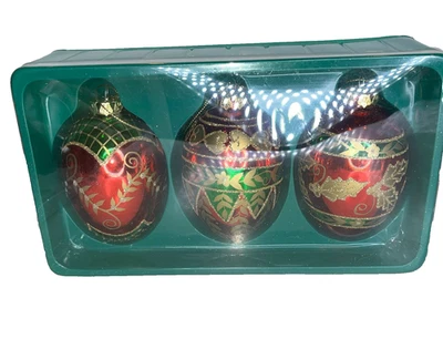 "Adornos de Navidad rojos brillantes grandes en forma de huevo de vidrio soplado en paquete de 5"" de alto" Foto 1 de 3