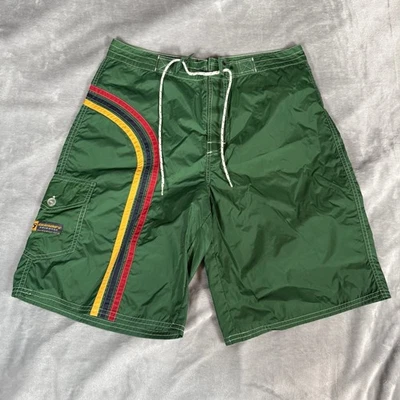 Pantalones cortos de tabla vintage antiguos azul marino para hombre M (se adapta a 31) 9,5” arco iris rayas verdes Y2K Foto 1 de 4