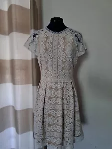 NWT Francesca’s Dress Women Large Ivory Tan Lace Open Back FitFlare Short Sleeve - Picture 1 of 8