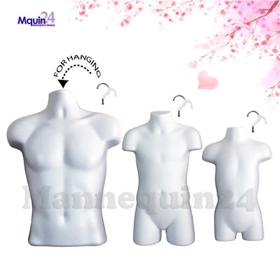 3 pcs Hanging Mannequin Torso Set- White Male Child & Toddler Body Forms 3 Hooks - Image 1 of 4