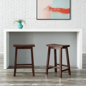 New Walnut Brown Backless Saddle Counter Stools Set of 2 - Modern Kitchen Seatin - Picture 1 of 12