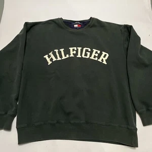 VTG Tommy Hilfiger Sweater Large Green Logo Sweatshirt Crew Neck Cotton Blend - Picture 1 of 14