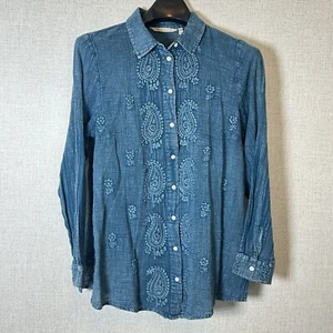 Soft Surrounding Blue Embroidered Paisley Button Down Semi Sheer Gauzy Coastal M - Picture 1 of 9