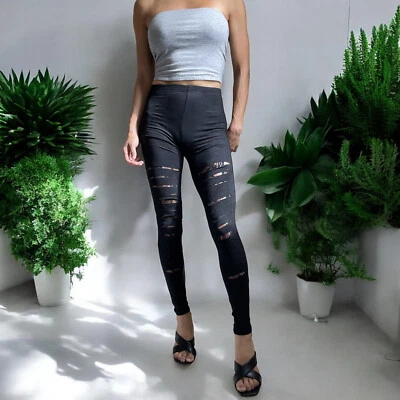 Leggings negros elásticos con abertura rasgados cortados punk góticos perdidos Queen Goth  Foto 1 de 4
