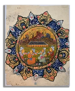Pintura hecha a mano de picnic persa con borde indo-persa 10,6 x 6,5 "PN10023 - Imagen 1 de 3