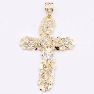 11.4cm Nugget Estilo Texturizado Jesús Cruz Colgante Real 10K Yellow Oro Blanco - Imagen 1 de 8