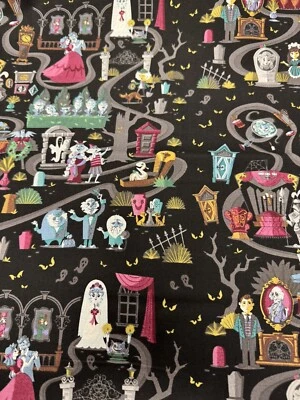Mapa de paseo de mansión embrujada de Disney tela de fondo negro 1/2 yarda Foto 1 de 4