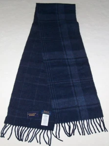 NWT Polo Ralph Lauren NAVY/BLUE PLAID Double-Sided WOOL BLEND Scarf 65x10 PONY - Picture 1 of 6