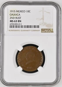 1915 Mexico 10 Centavos Oaxaca 2nd Bust NGC MS 63 BN - Picture 1 of 2