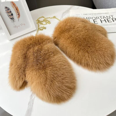 Guantes de piel de zorro grandes de lujo para mujer de cuero real cálidos espesos guantes de esquí invierno Foto 1 de 4