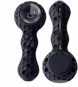 SILICONE SMOKING PIPE 4.3" With GLASS BOWL and Clean Tool-HoneyComb Bee (Black) - Picture 1 of 5
